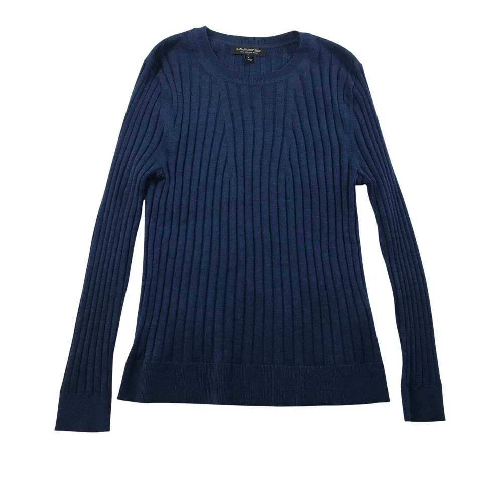 Banana Republic Mens Blue 100% Merino Wool Ribbed Crew Neck Sweater Large